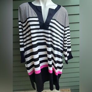 Talbots Black and White Striped Tunic Top with Pink Detail